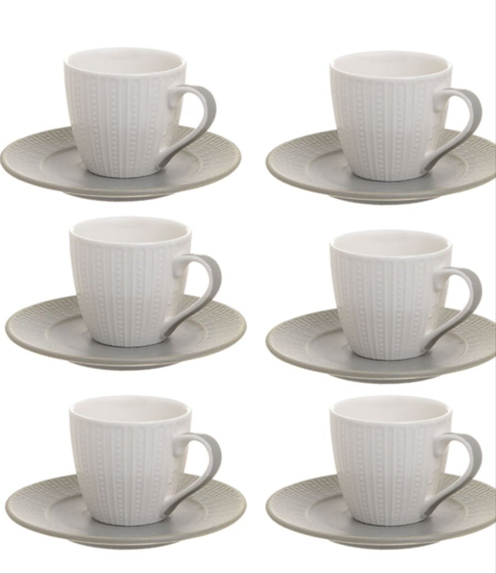 Set 6 cesti albe de cafea, cu farfurii gri, portelan, 120 ml