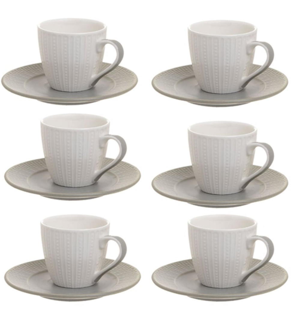 Set mit 6 Cesti Albe de Cafea, Cu Farfurii Gri, Portelan, 120 ml