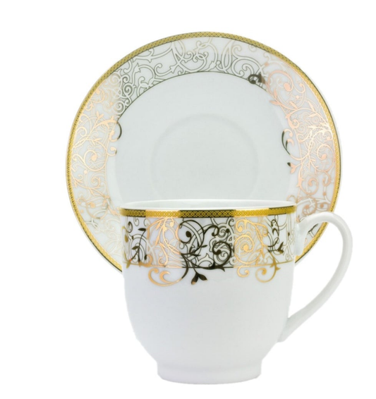 Set cesti de cafea MALOOKI, 6 cesti+ 6 farfurioare. Desen alb cu auriu, Y12