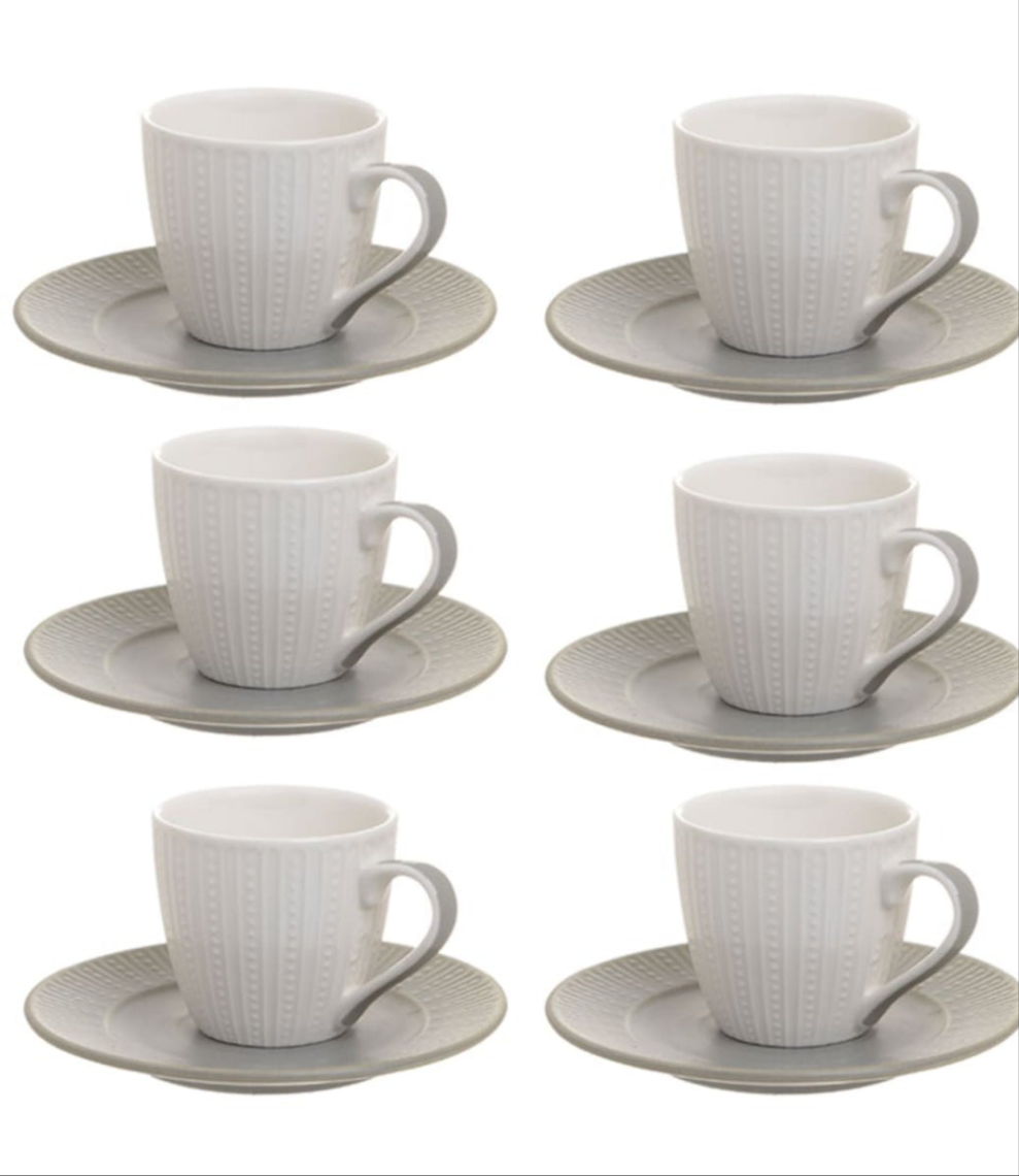 Set mit 6 Cesti Albe de Cafea, Cu Farfurii Gri, Portelan, 120 ml