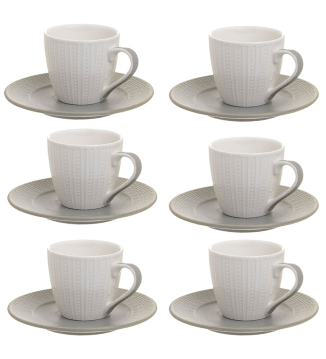 Set mit 6 Cesti Albe de Cafea, Cu Farfurii Gri, Portelan, 120 ml