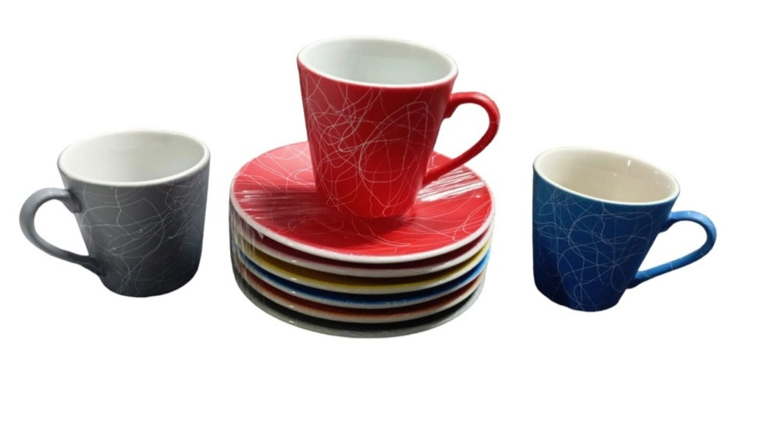 Set 6 cesti + 6 farfurii ceramica model conic, multicolor