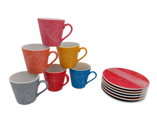 Set 6 cesti + 6 farfurii ceramica model conic, multicolor