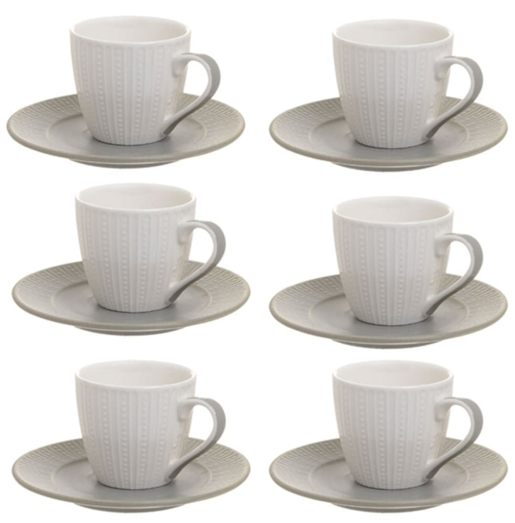 Set 6 cesti albe de cafea, cu farfurii gri, portelan, 120 ml