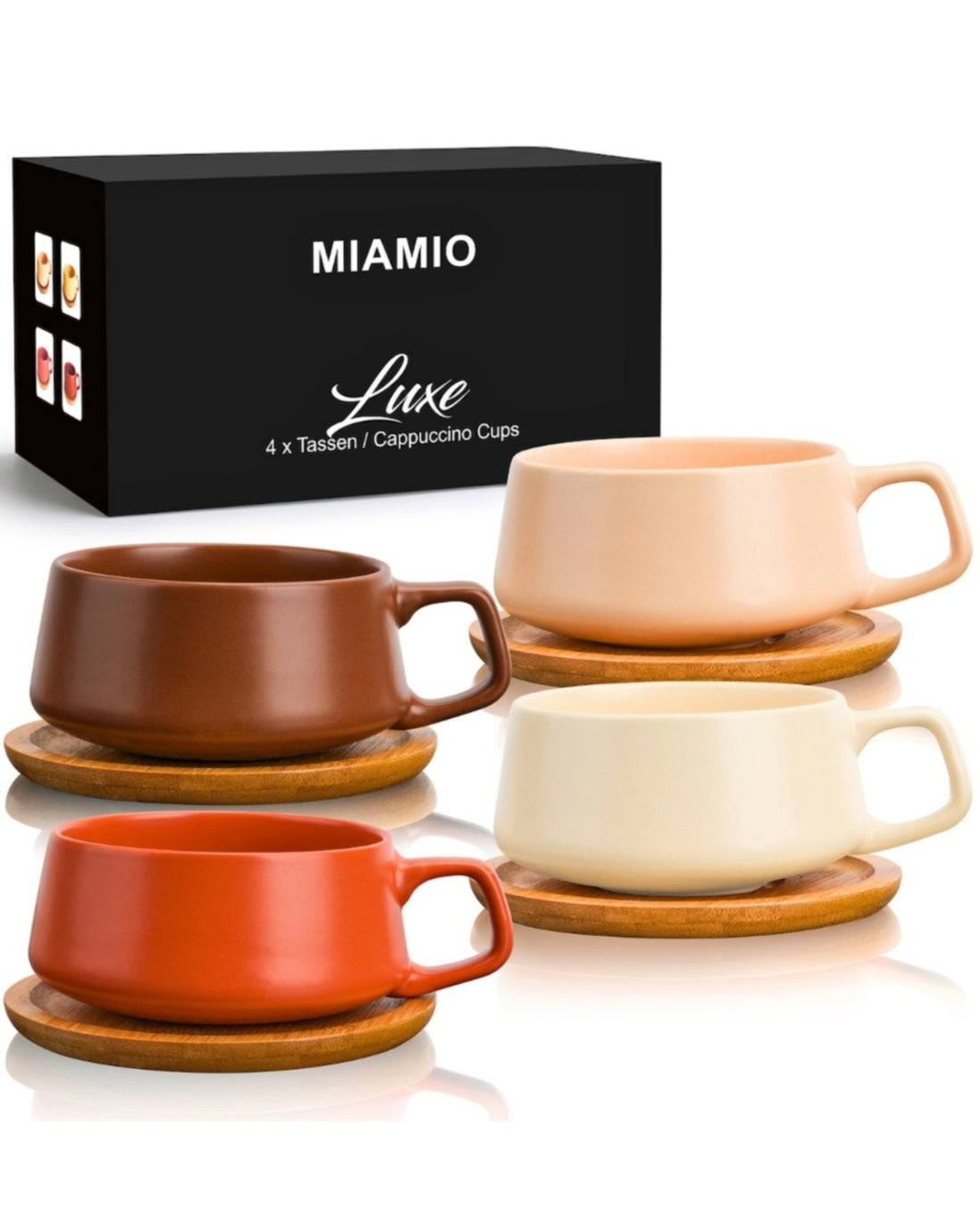 Set 4 Cesti de cappuccino cu farfurie din bambus, colectia Luxe, ceramica, bej, 320 m